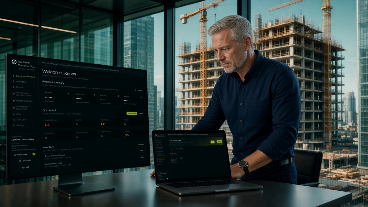 A project engineer in the office, with the GoVerge dashboard and inventory on screen and a skyscraper behind